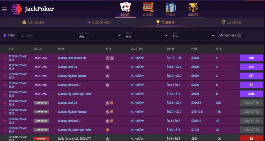 JackPoker Tournament Lobby.