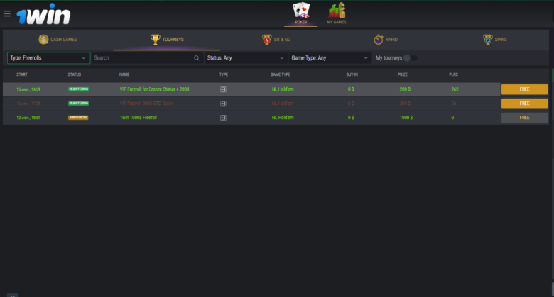 Torneos freeroll en los que puede participar en 1win