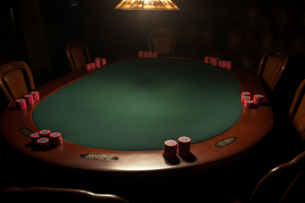 Mesa de póker vacía con fichas y cartas en un entorno oscuro y profesional