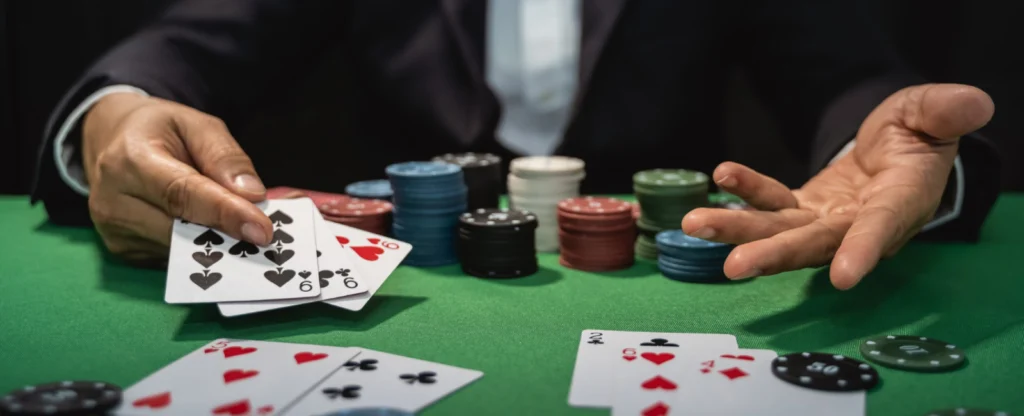 Jugador mostrando cartas de póker sobre una mesa verde con fichas apiladas durante una partida