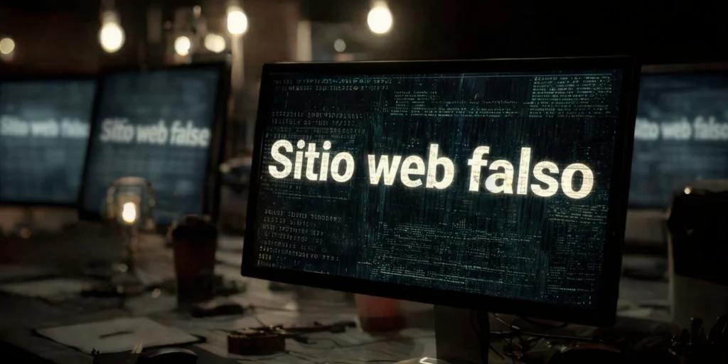 Monitor de computadora en un escritorio oscuro que muestra el texto “Sitio web falso” en letras claras sobre un fondo de código digital, con otras pantallas borrosas y luz tenue al fondo.