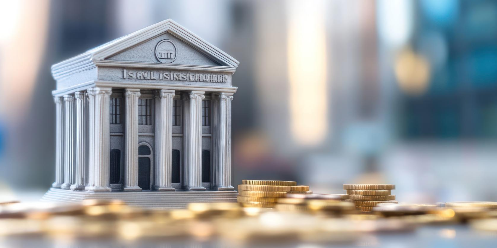 Maqueta de un edificio bancario clásico con columnas, rodeada de monedas apiladas, que simboliza la transferencia bancaria y los métodos de pago financieros.