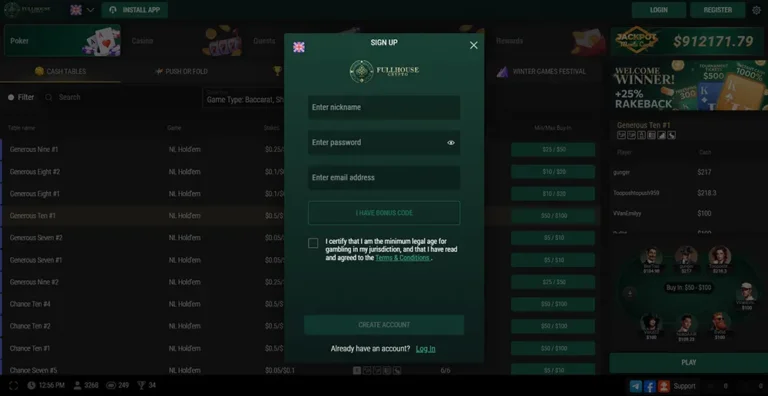 Página de registro de FullHouseCrypto Poker