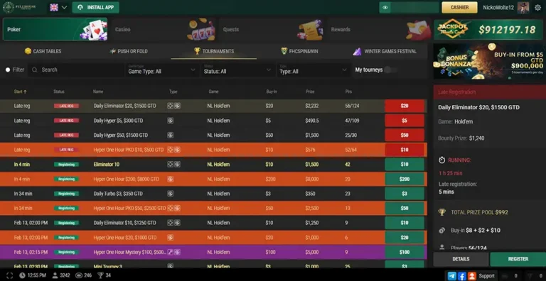 Página del torneo de póquer de FullHouseCrypto